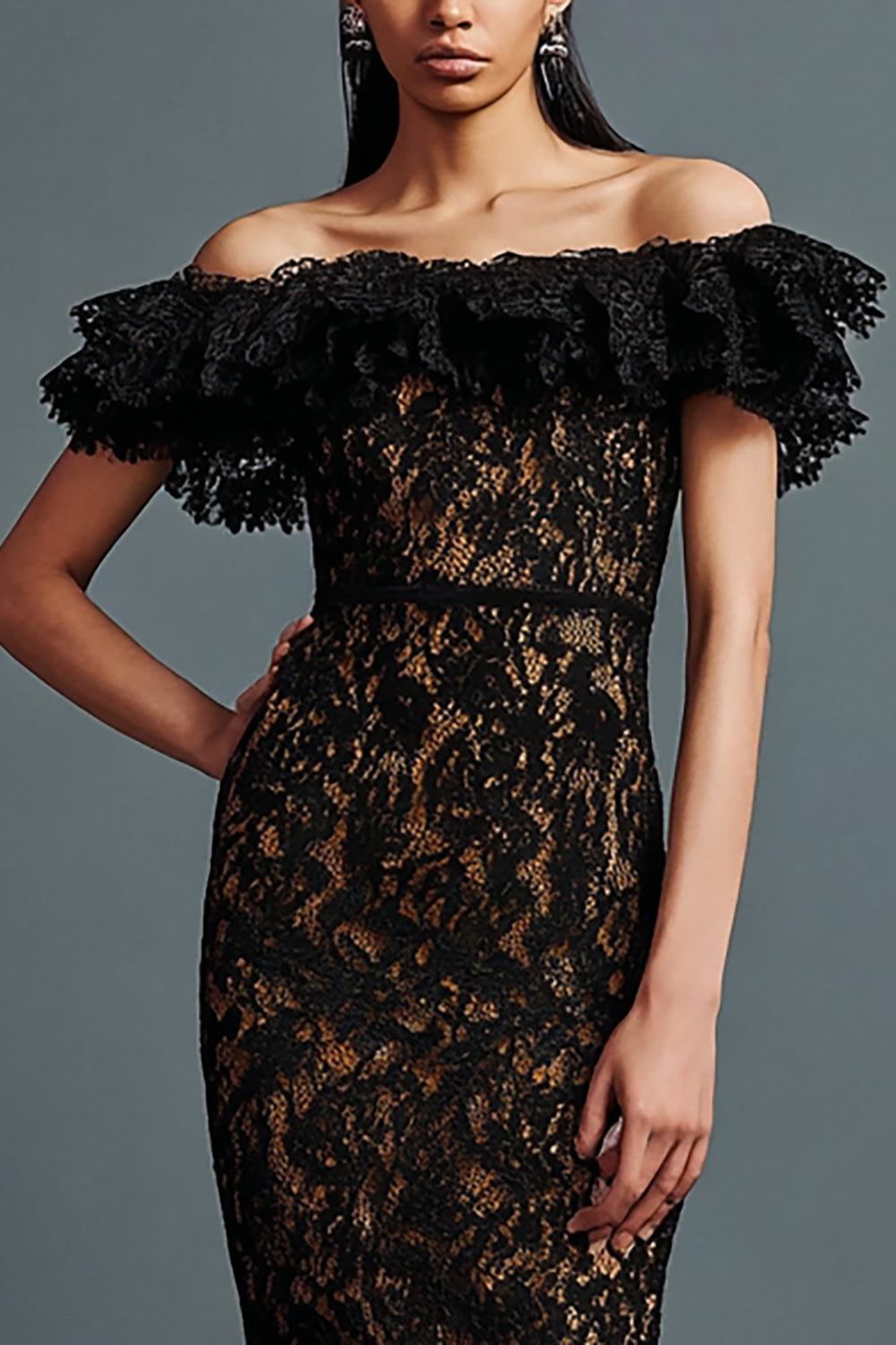 Black Lace Off The Shoulder Tea Length Formal Dress