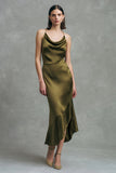 Satin Cowl Neck Ruffled Olive Wedding Guest Dress