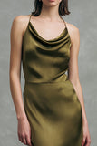 Satin Cowl Neck Ruffled Olive Wedding Guest Dress