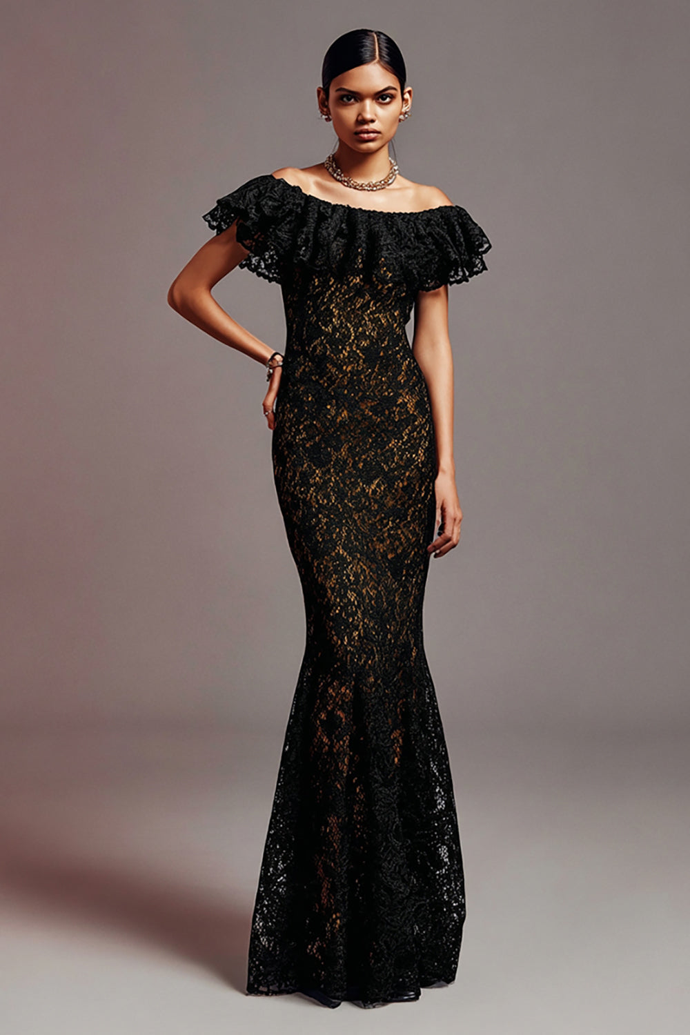 Delicate Mermaid Lace Off The Shoulder Black Formal Dress