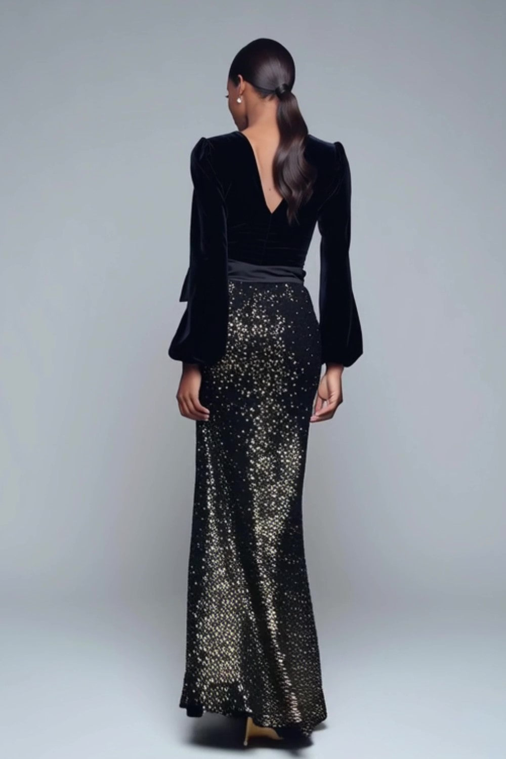 Sparkly Mermaid Black Long Sleeve Formal Dress with Bow