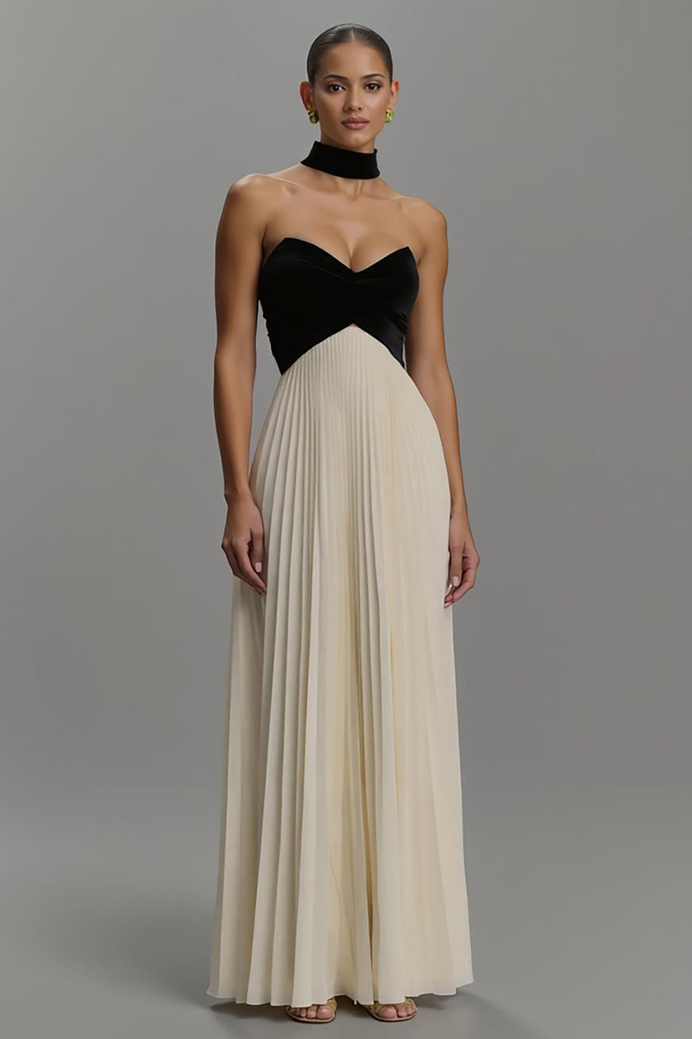 Strapless Pleated Sheath Black and Ivory Formal Dress