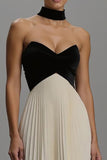 Strapless Pleated Sheath Black and Ivory Formal Dress