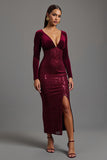 Velvet Sequin Burgundy Formal Dress with Slit