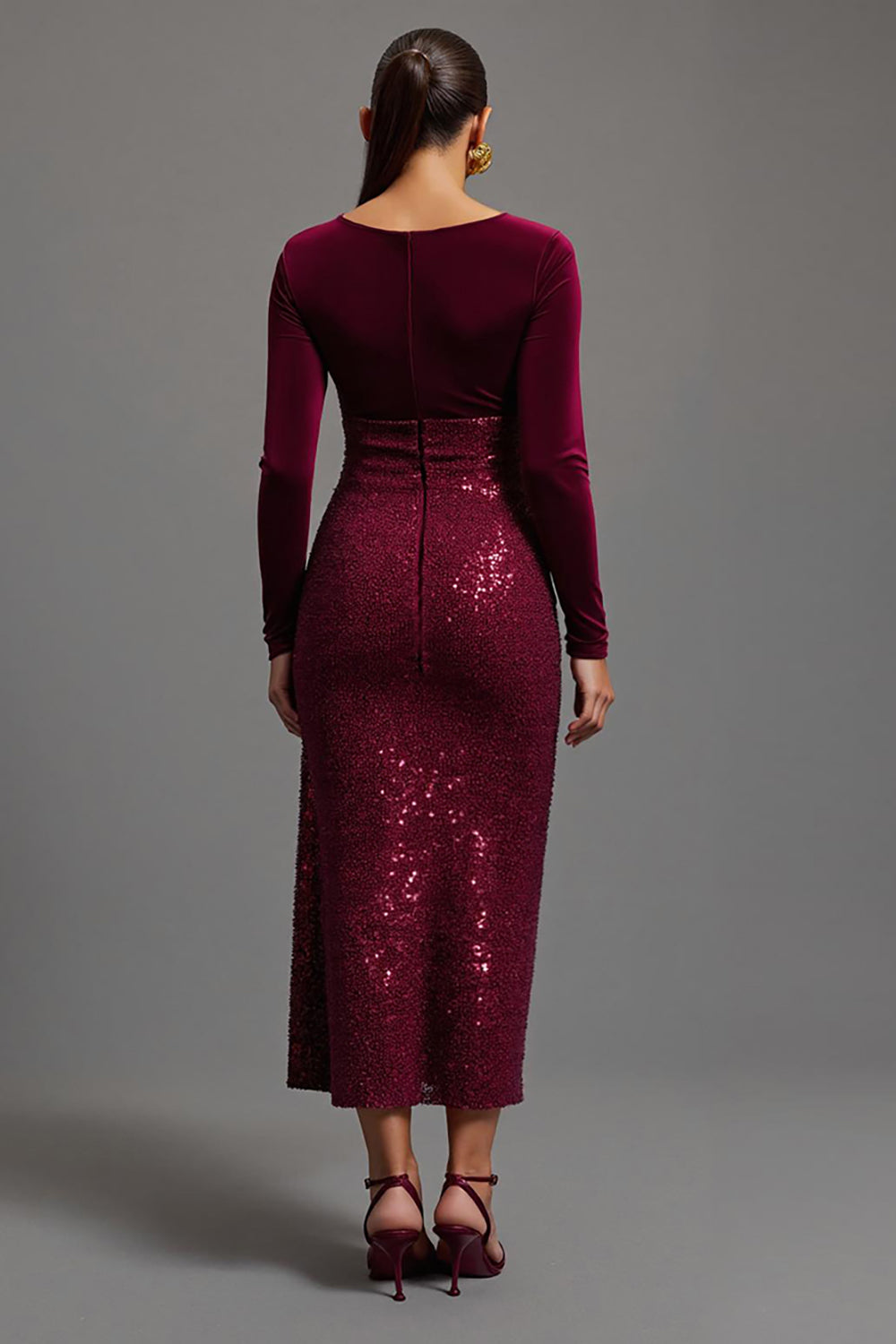 Velvet Sequin Burgundy Formal Dress with Slit