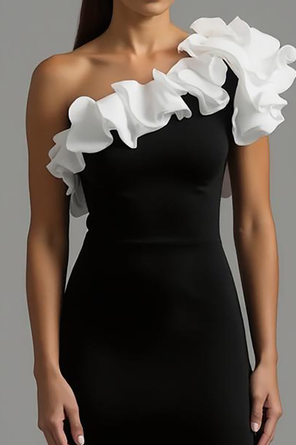 One Shoulder Ruffled Black and White Sheath Formal Dress