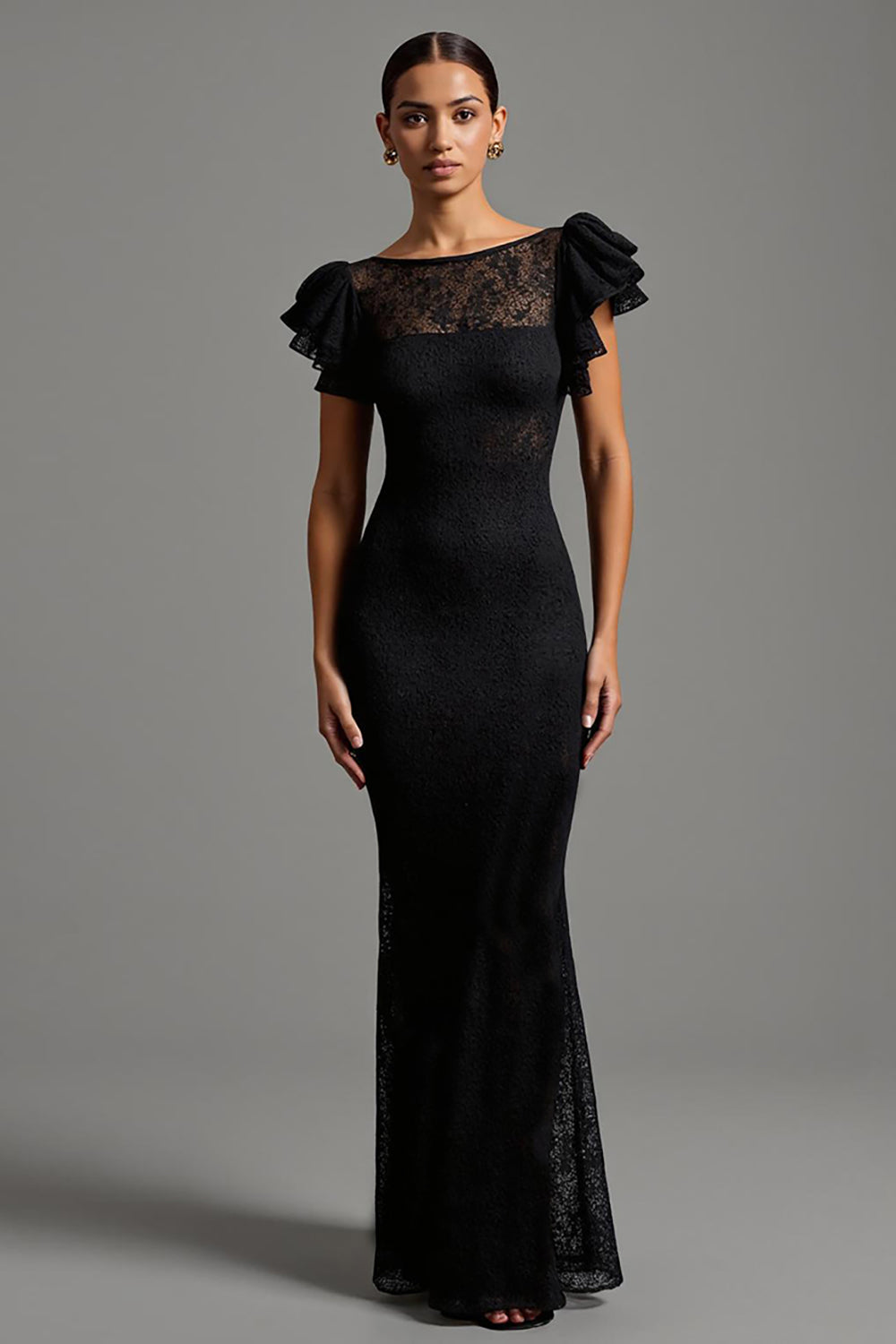 Lace Sheath Black Formal Dress with Ruffles