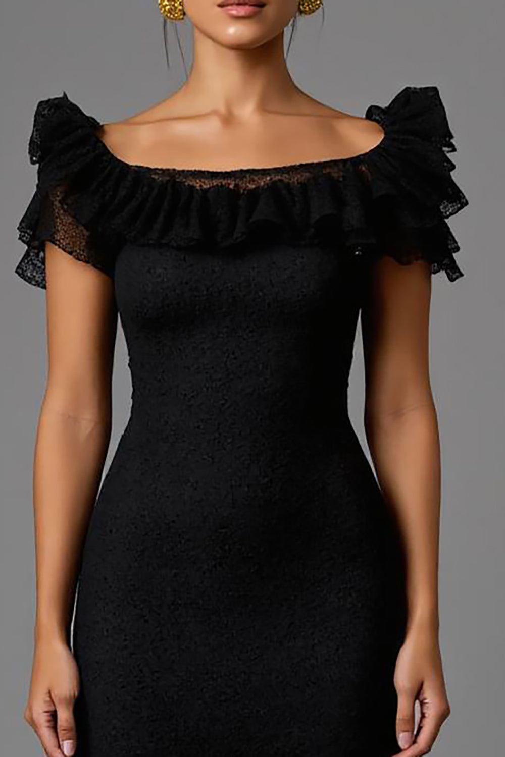Black Lace Sheath Long Formal Dress with Ruffles