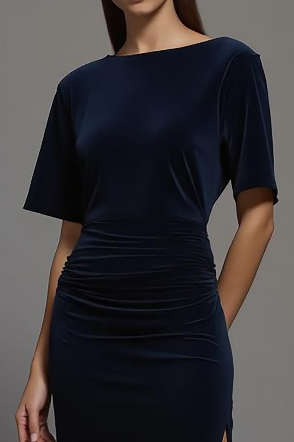 Navy Velvet Sheath Formal Dress with Slit