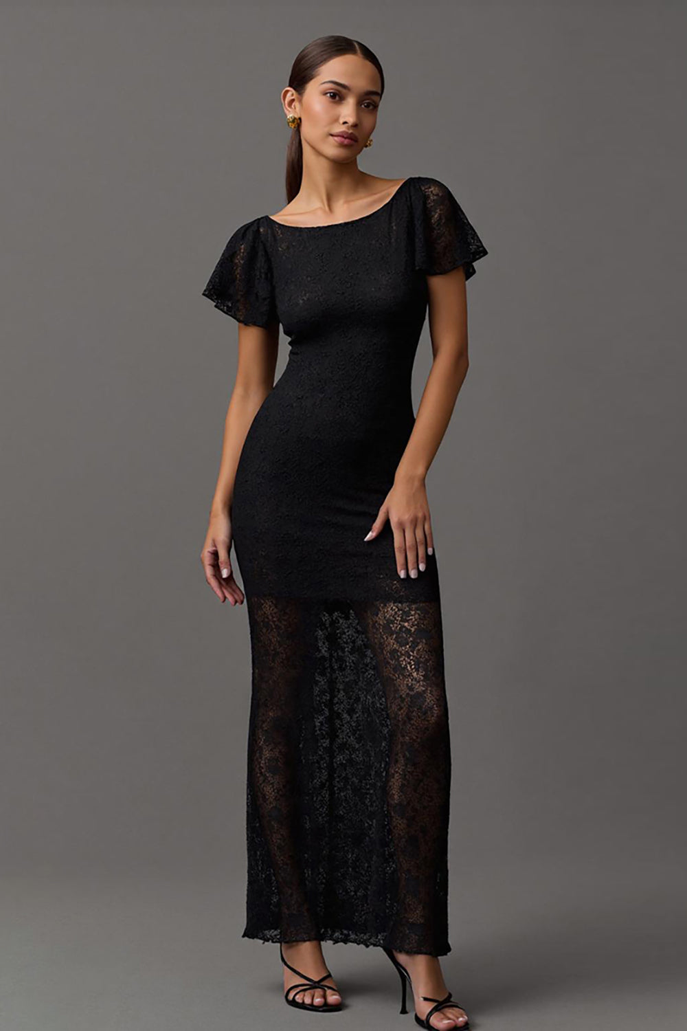 Boat Neck Sheath Black Formal Dress with Lace