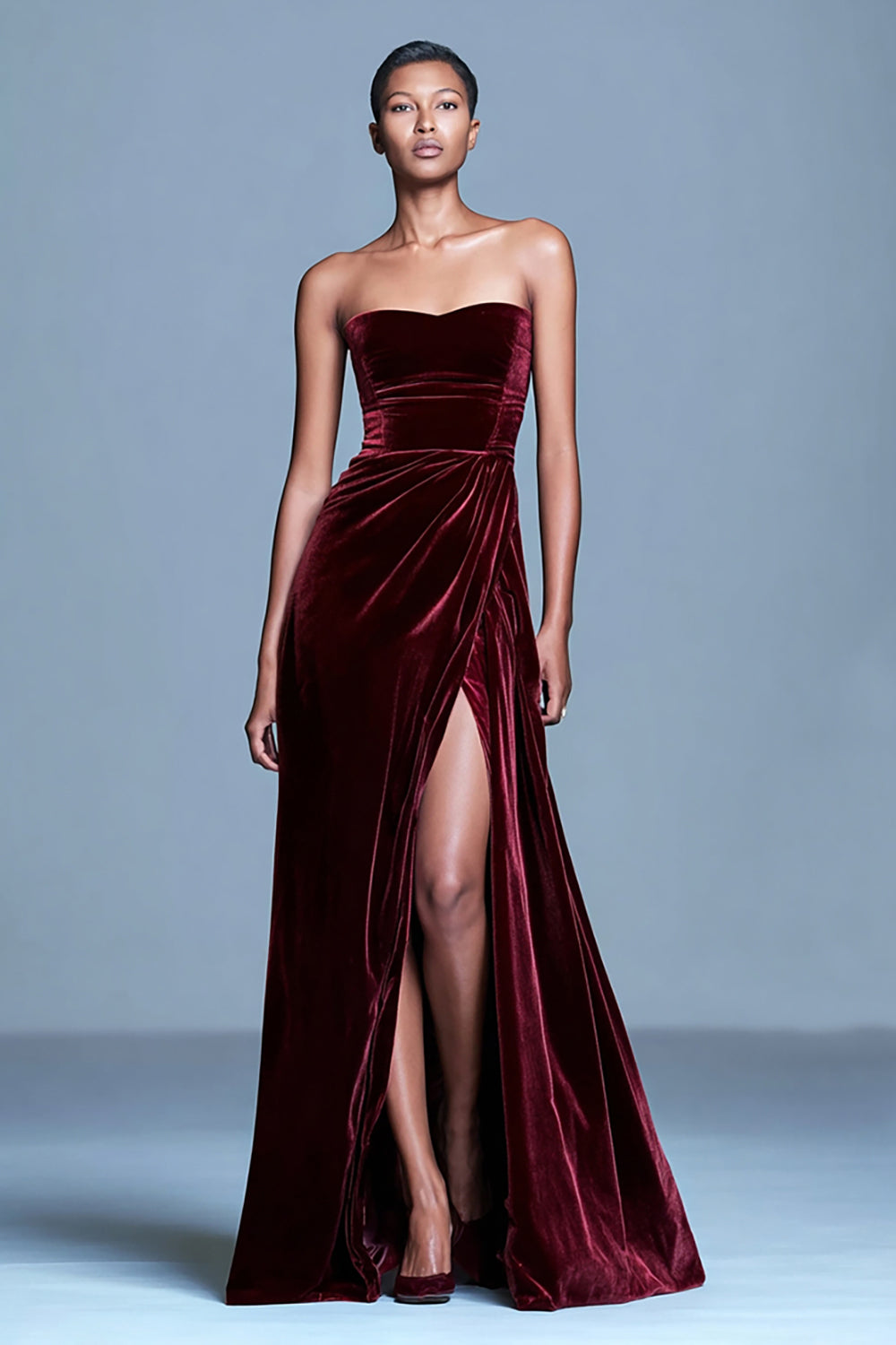 Burgundy Strapless Velvet A Line Formal Dress with Slit