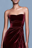 Burgundy Strapless Velvet A Line Formal Dress with Slit