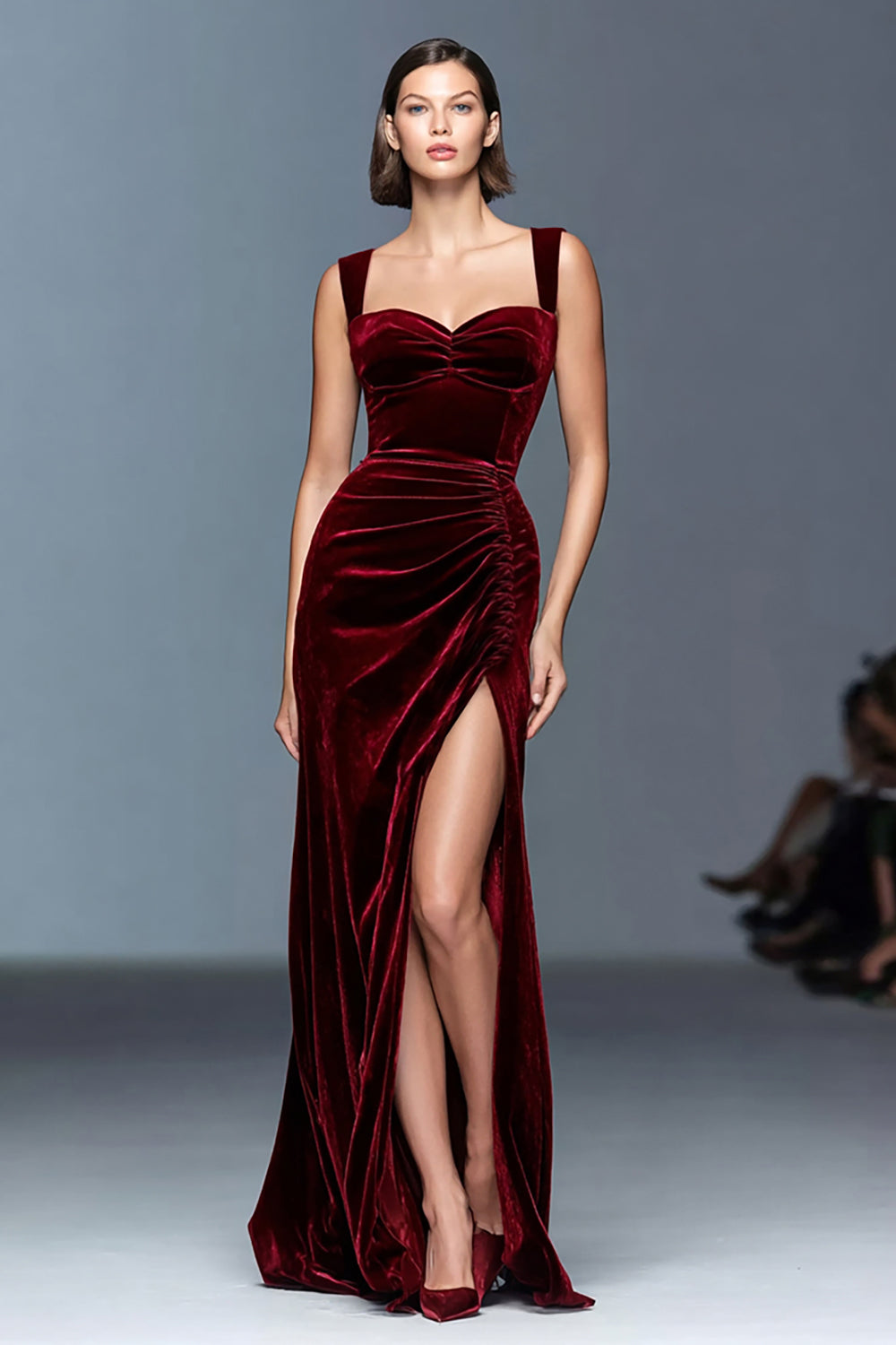 Velvet Burgundy Sheath Formal Dress with Slit