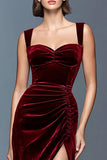 Velvet Burgundy Sheath Formal Dress with Slit