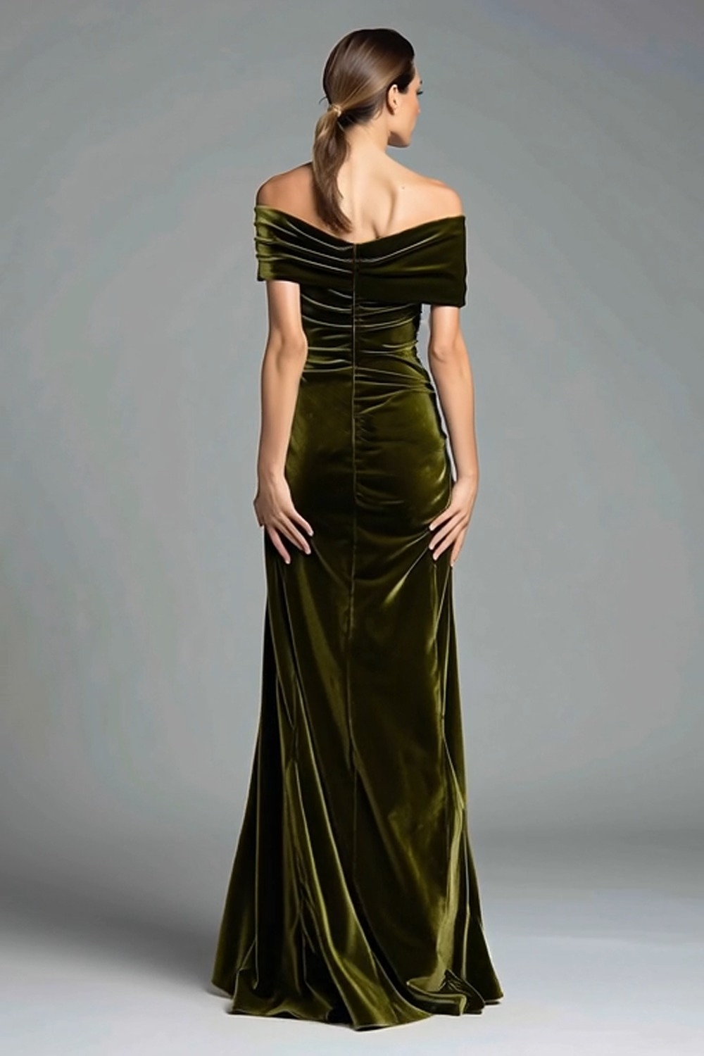 Elegant Olive Velvet Sheath Off The Shoulder Formal Dress with Bow