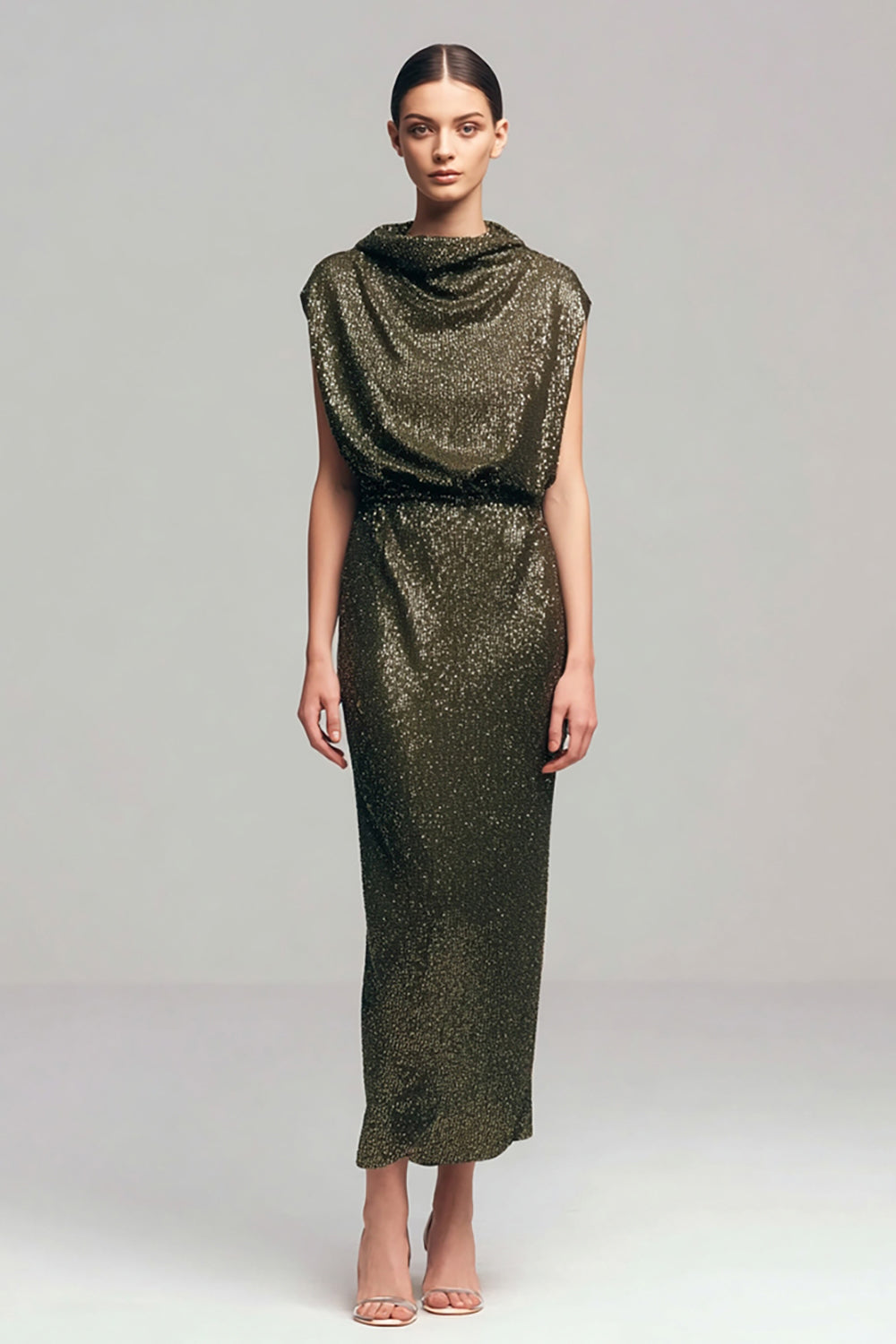 Sparkly Cowl Neck Olive Semi-Formal Dress