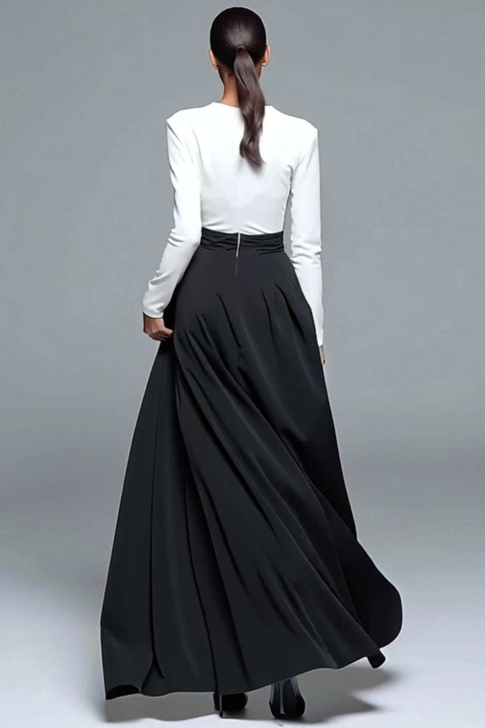 Black and White V-Neck Formal Dress with Long Sleeves