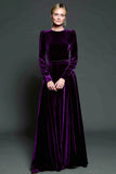 Dark Purple A Line Velvet Long Sleeve Formal Dress