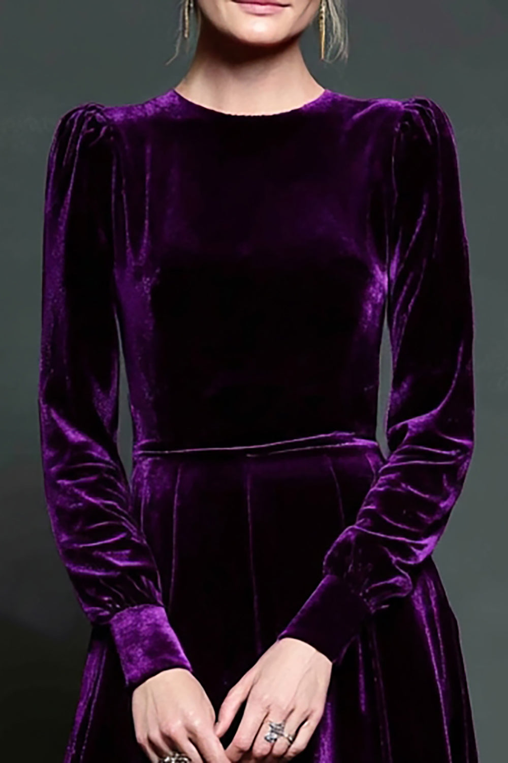 Dark Purple A Line Velvet Long Sleeve Formal Dress