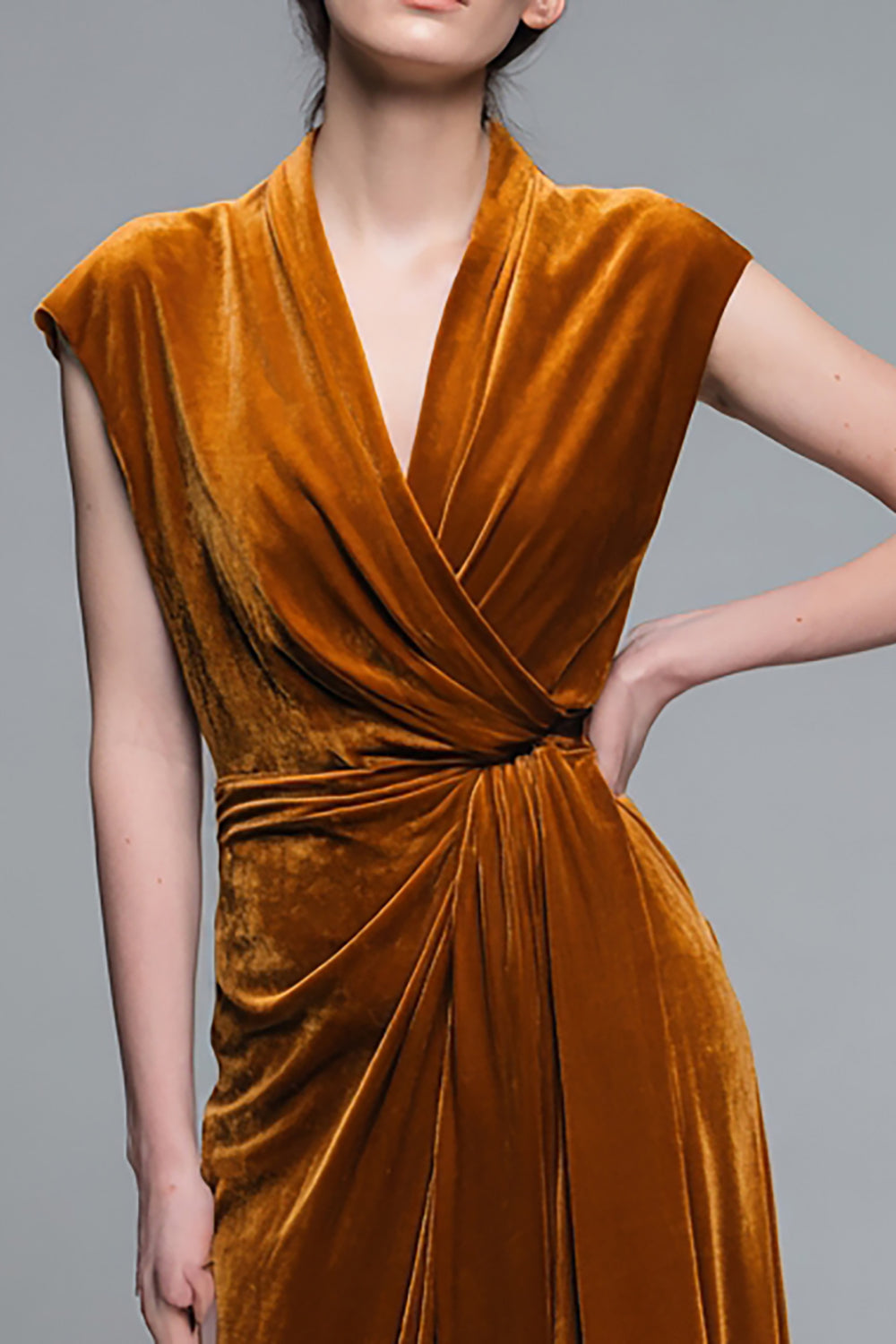 Caramel V-Neck Sheath Velvet Formal Dress