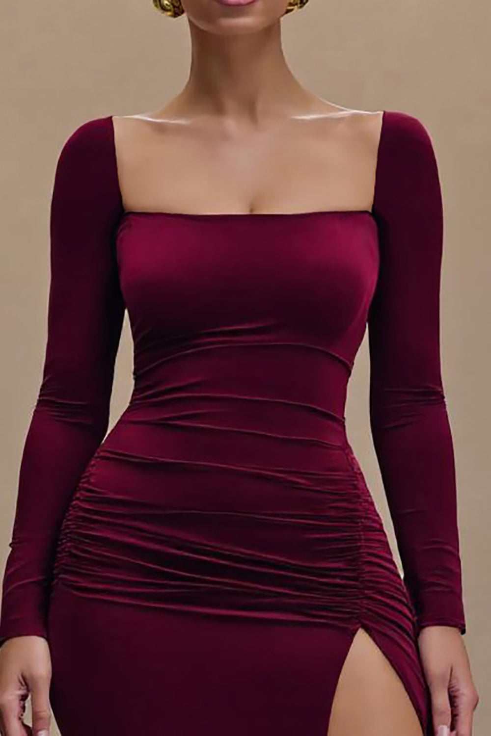 Burgundy Velvet Square Neck Sheath Formal Dress with Slit