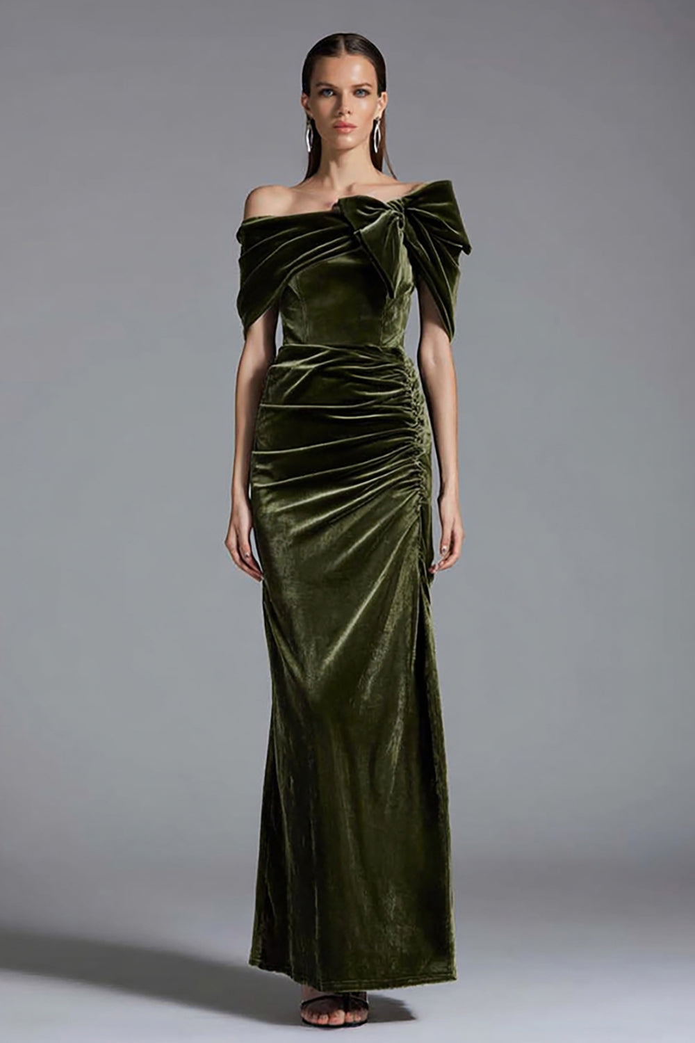 Off The Shoulder Ruched Olive Velvet Formal Dress with Bow