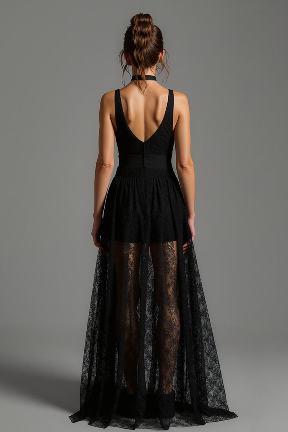 Black Long V-Neck A Line Formal Dress with Lace