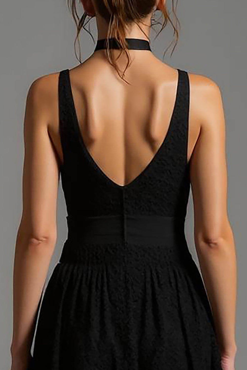 Black Long V-Neck A Line Formal Dress with Lace