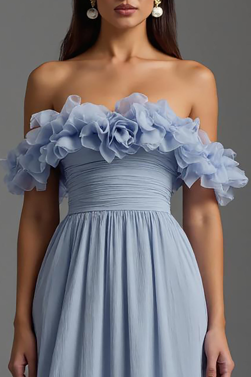 Sky Blue Off The Shoulder A Line Formal Dress with Ruffles
