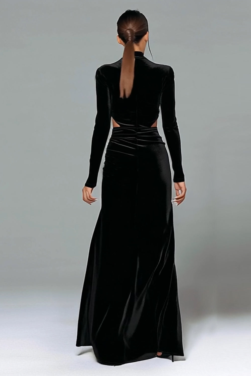 Black Velvet Cut Out High Neck Long Sleeve Formal Dress with Slit