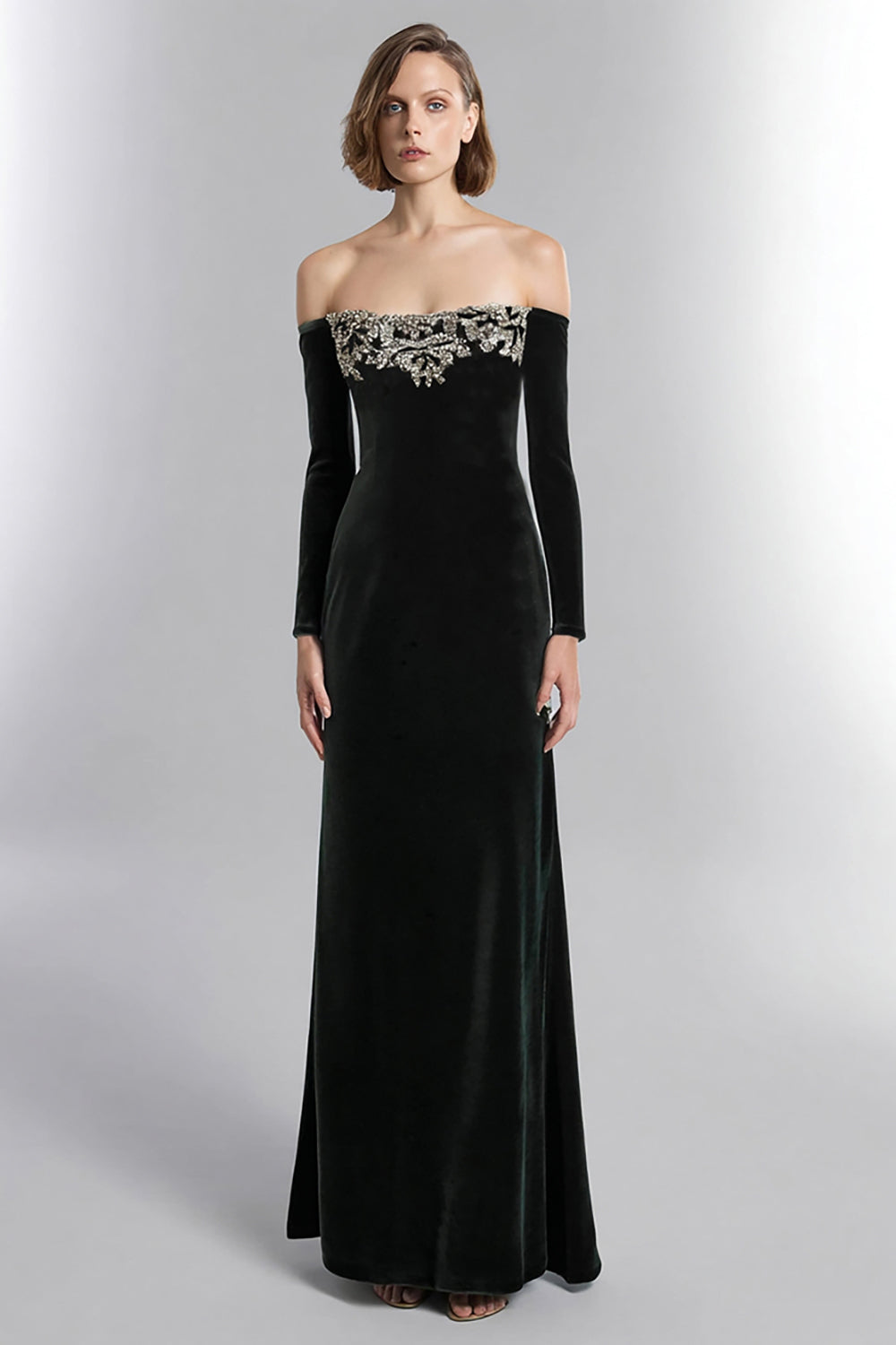 Off The Shoulder Black Sheath Formal Dress with Beading