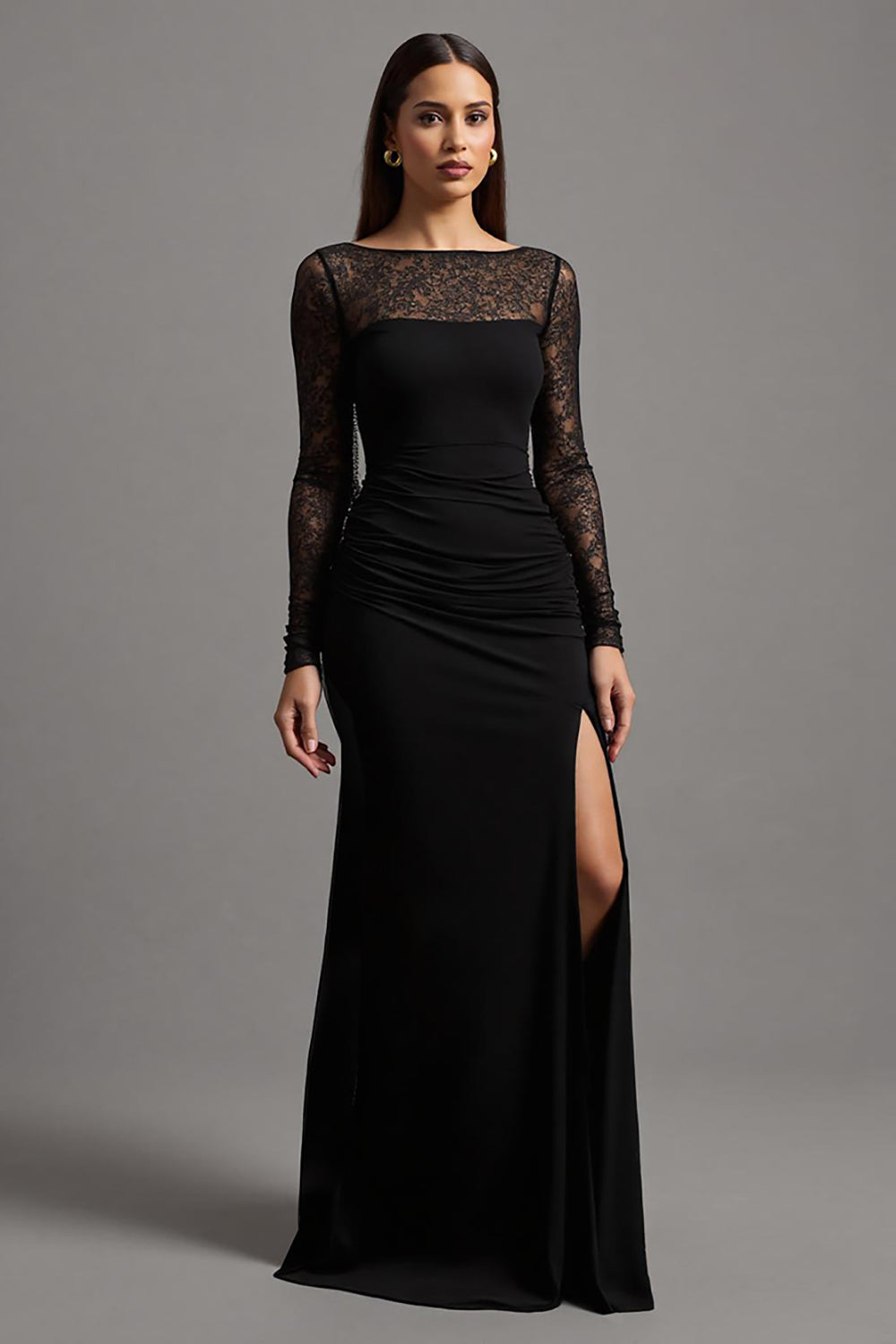 Illusion Long Sleeve Black Sheath Formal Dress with Slit