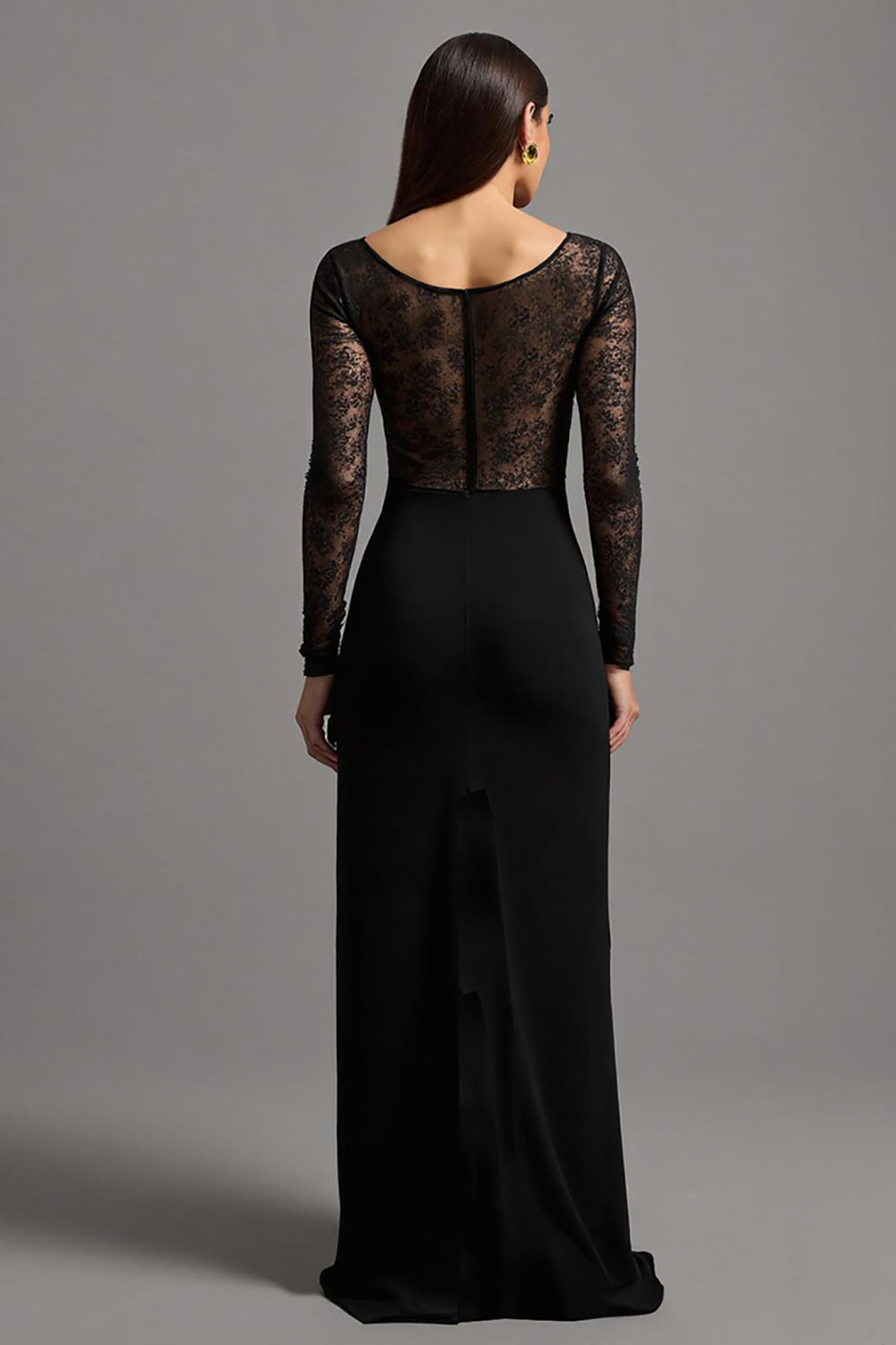 Illusion Long Sleeve Black Sheath Formal Dress with Slit