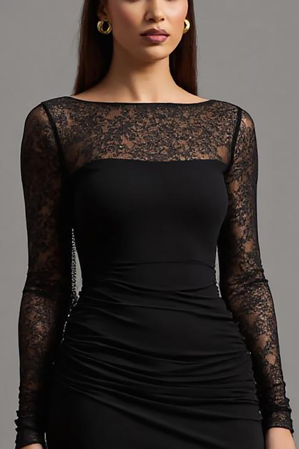 Illusion Long Sleeve Black Sheath Formal Dress with Slit