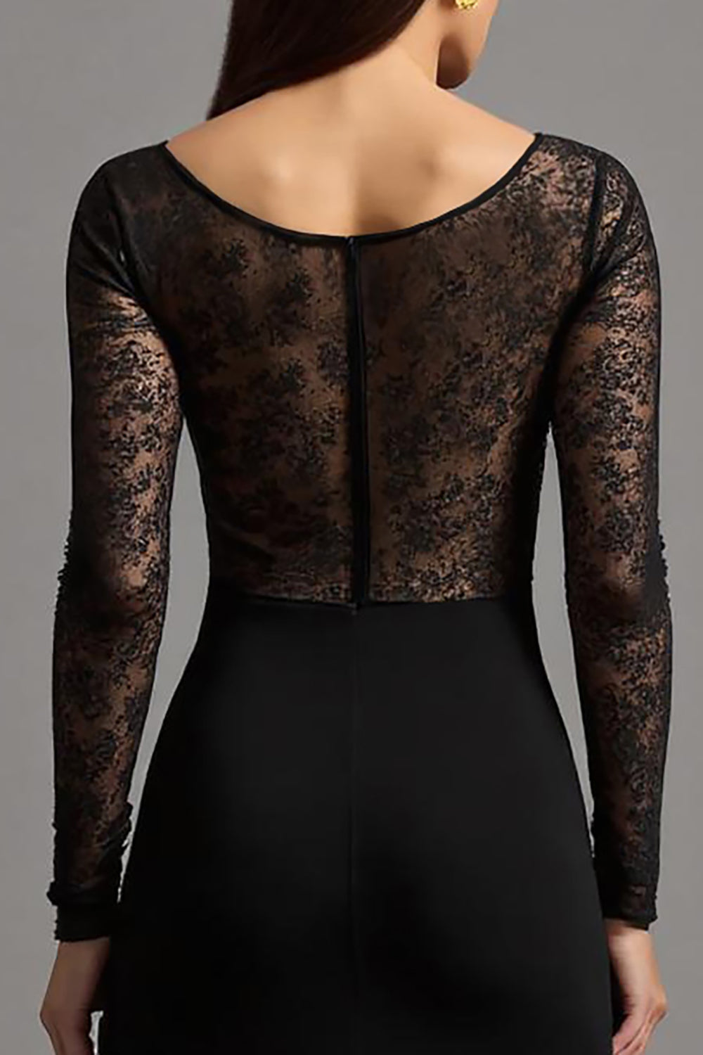 Illusion Long Sleeve Black Sheath Formal Dress with Slit