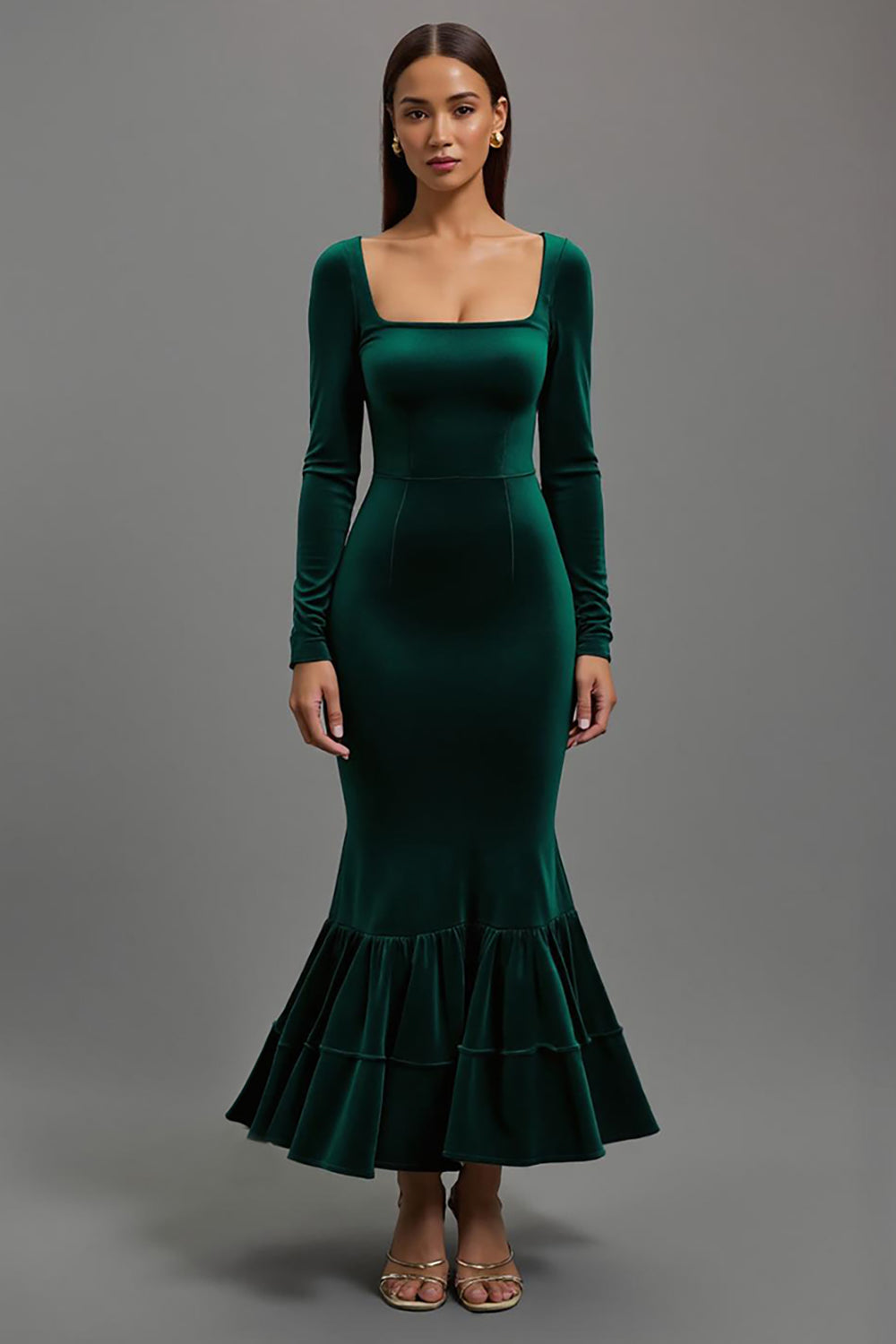 Mermaid Velvet Square Neck Dark Green Formal Dress