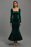 Mermaid Velvet Square Neck Dark Green Formal Dress