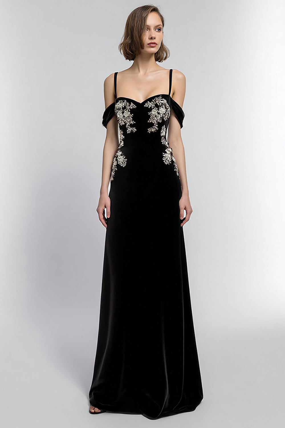 Cold Shoulder Black A Line Formal Dress with Beading