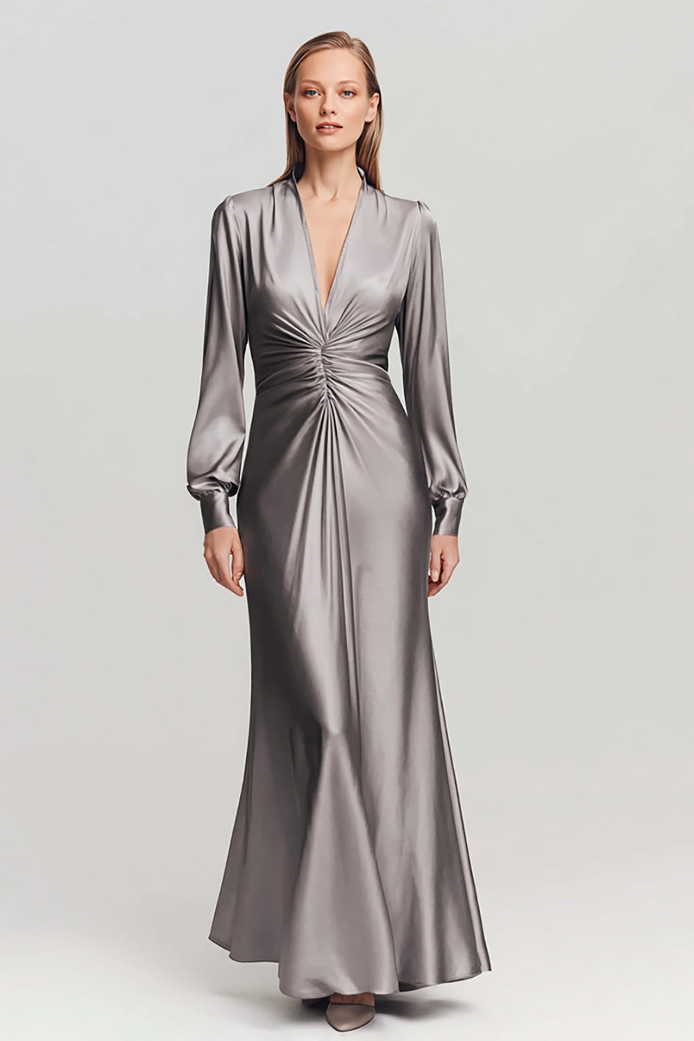 Grey V-Neck Long Sleeve Satin Sheath Formal Dress