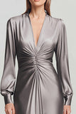 Grey V-Neck Long Sleeve Satin Sheath Formal Dress