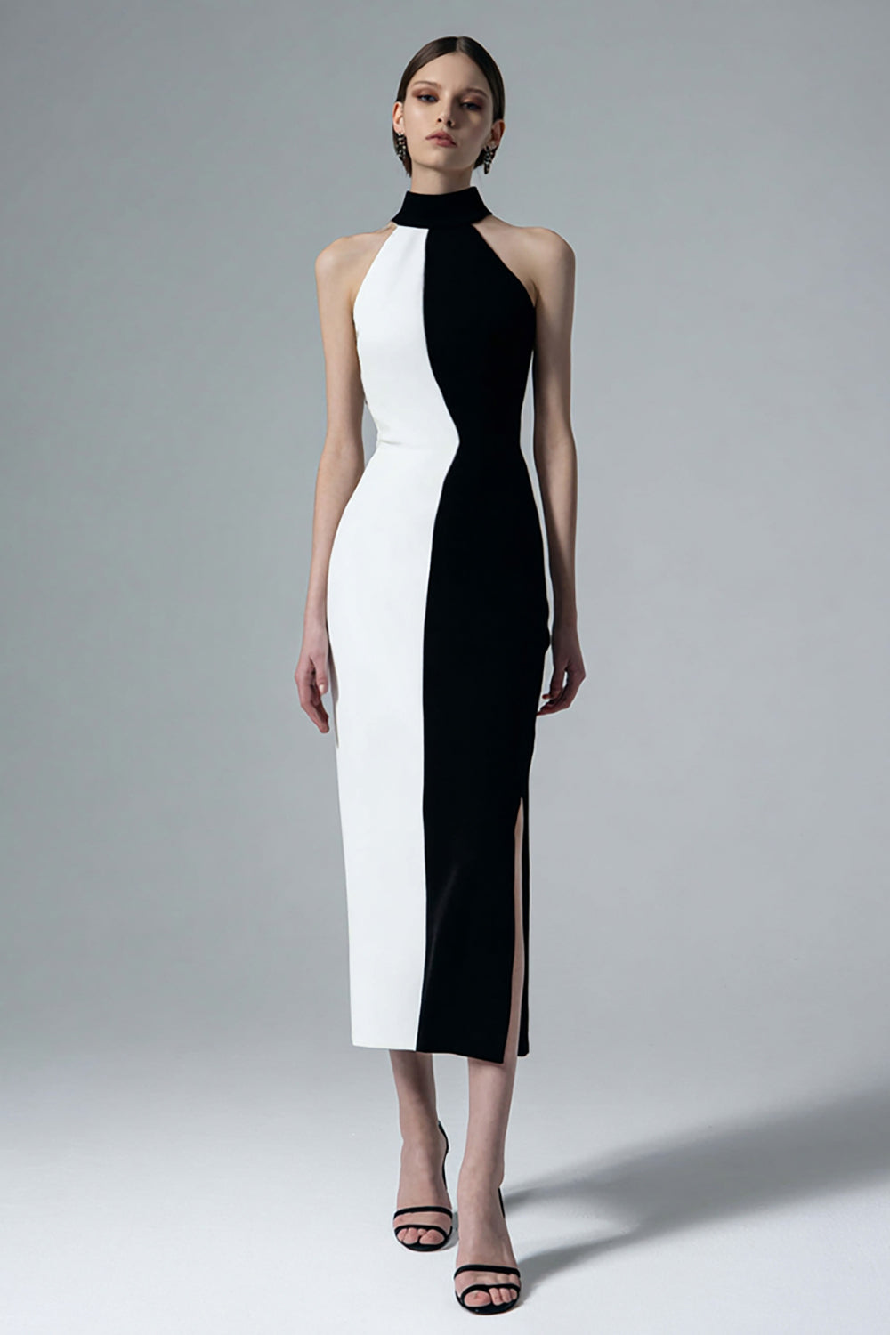 Black and White Bodycon Semi-Formal Dress with Slit