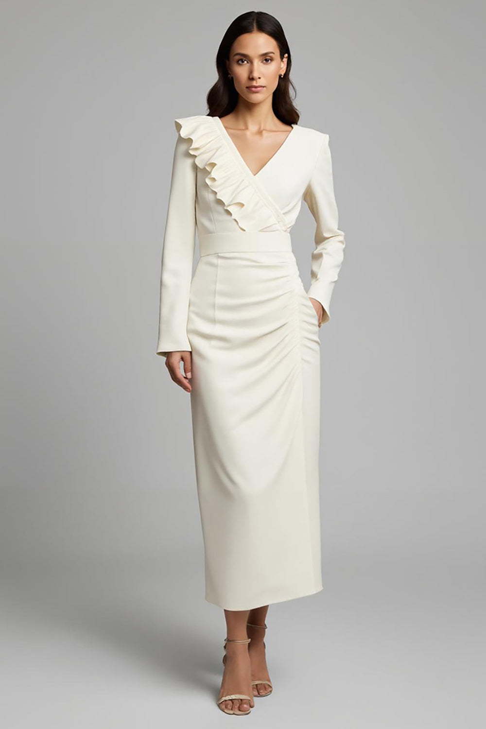 Ivory Sheath Long Sleeve Work Dress With Ruffles
