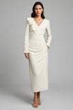 Ivory Sheath Long Sleeve Work Dress With Ruffles