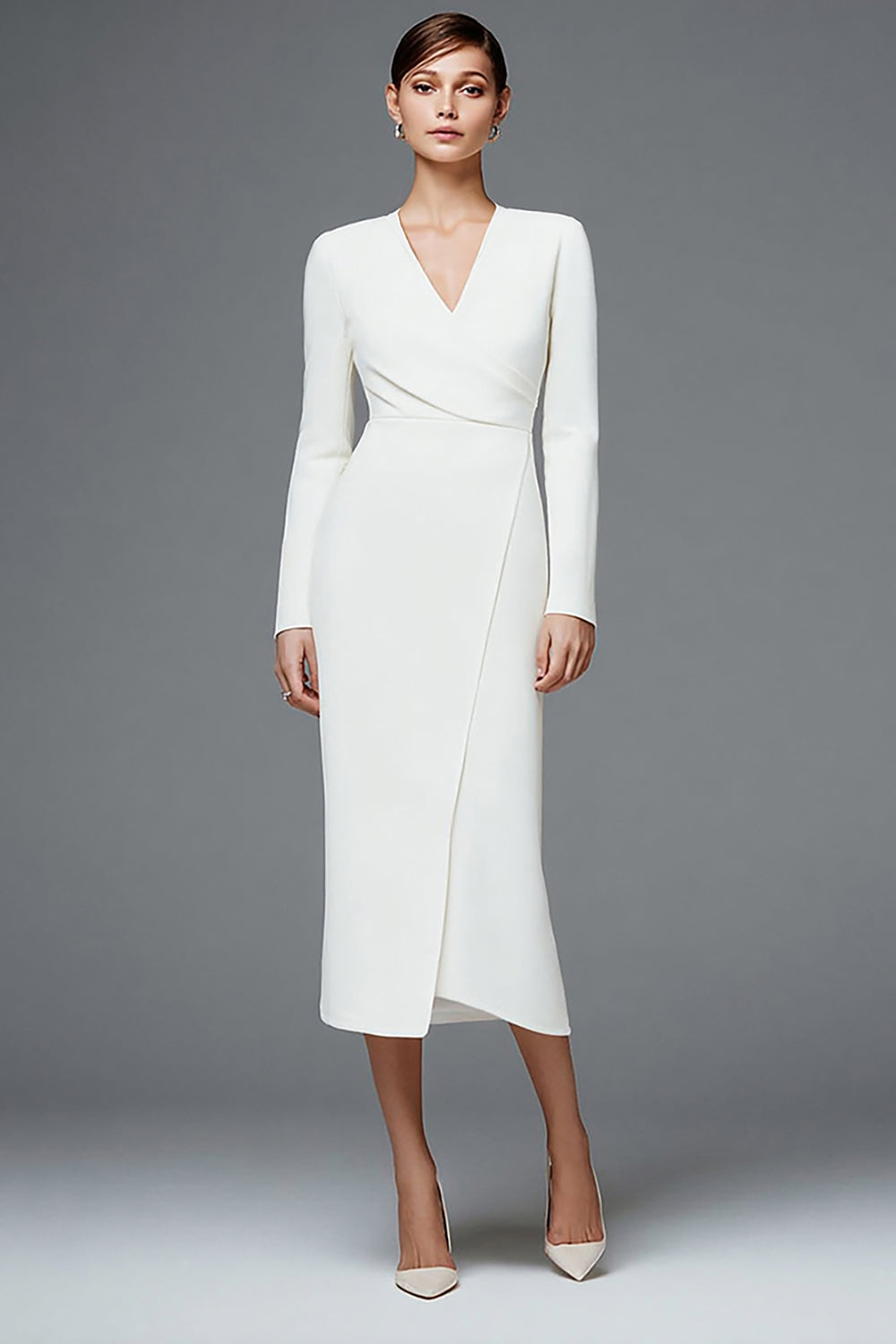 Long Sleeve Sheath V-Neck Ivory Work Dress