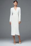 Long Sleeve Sheath V-Neck Ivory Work Dress