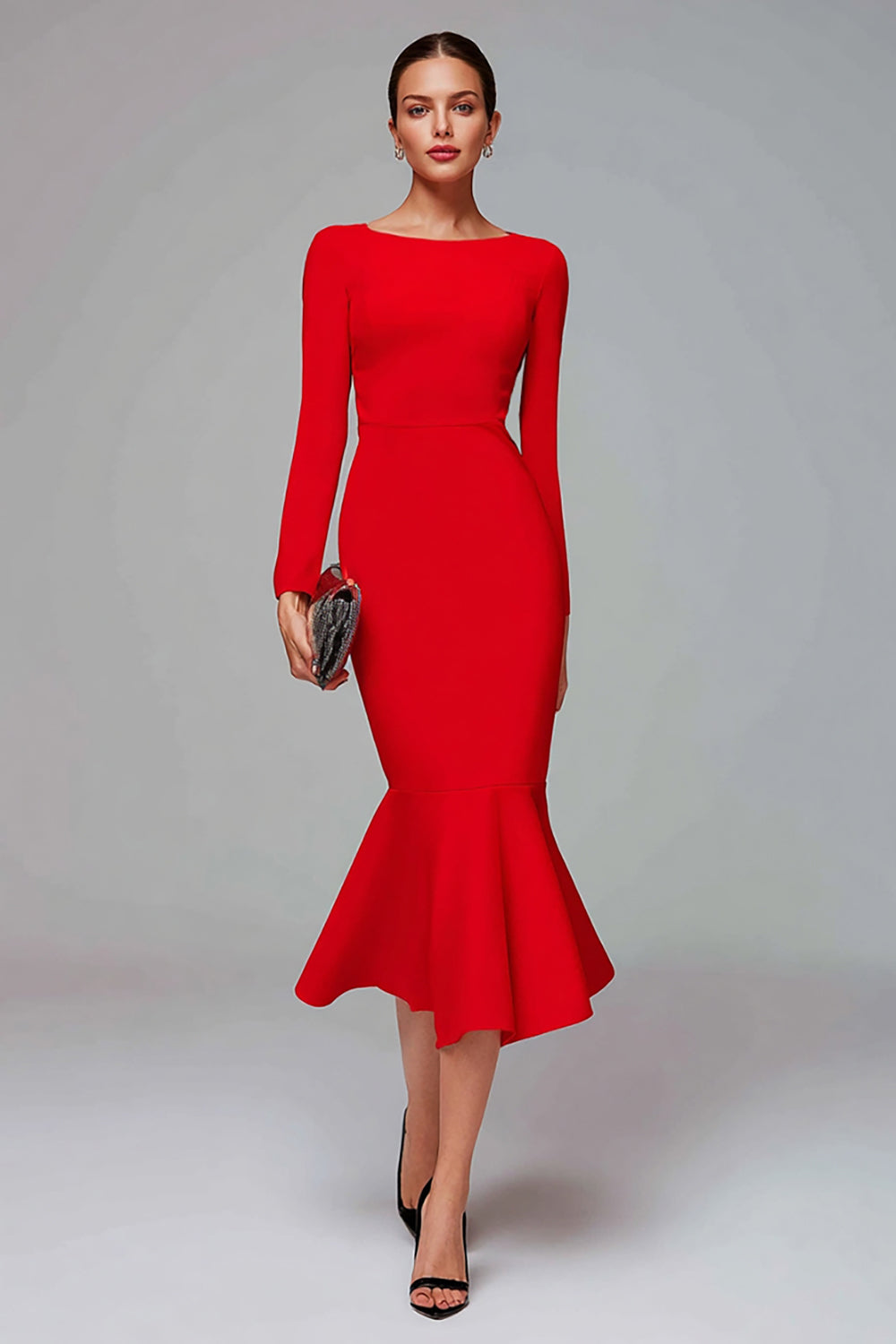 Mermaid Long Sleeve Red Midi Work Dress