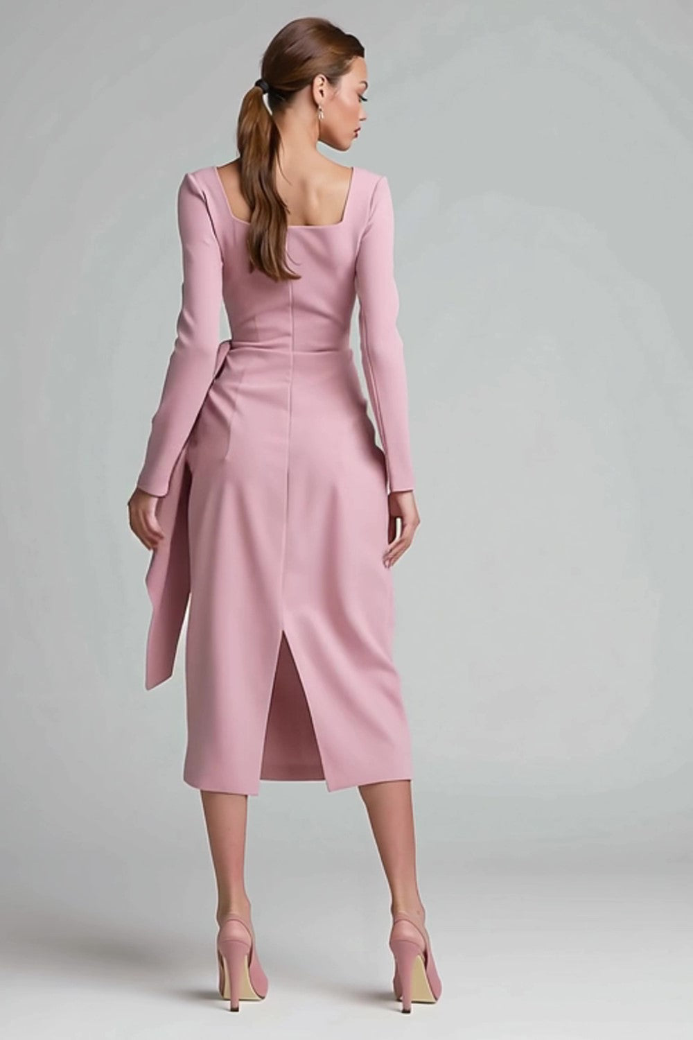Pink Pencil Long Sleeve Work Dress With Sash