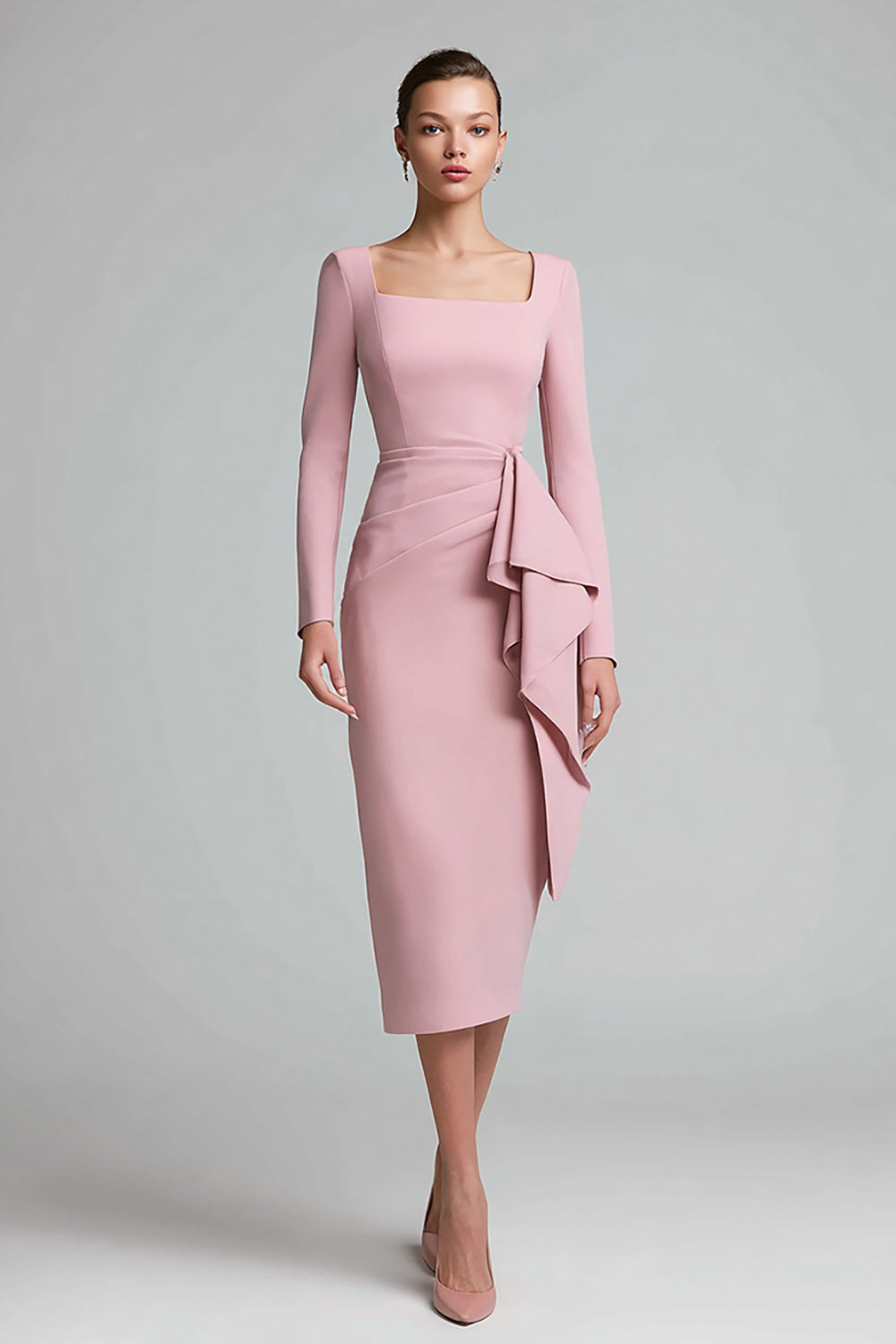 Pink Pencil Long Sleeve Work Dress With Sash