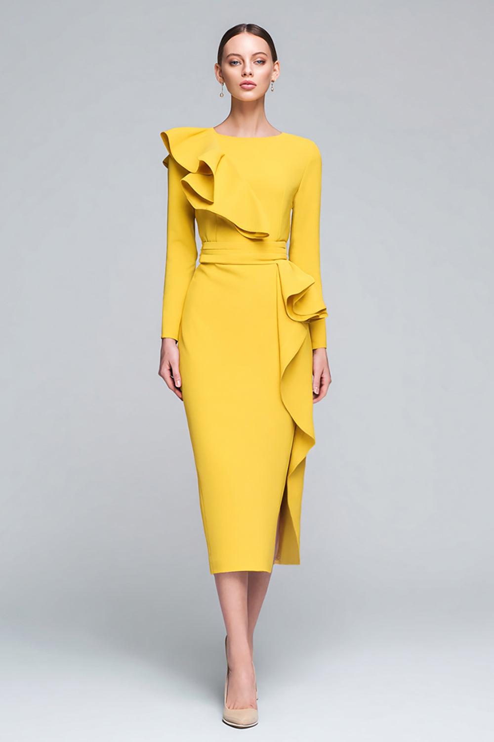 Yellow Sheath Ruffle Midi Work Dress With Long Sleeves