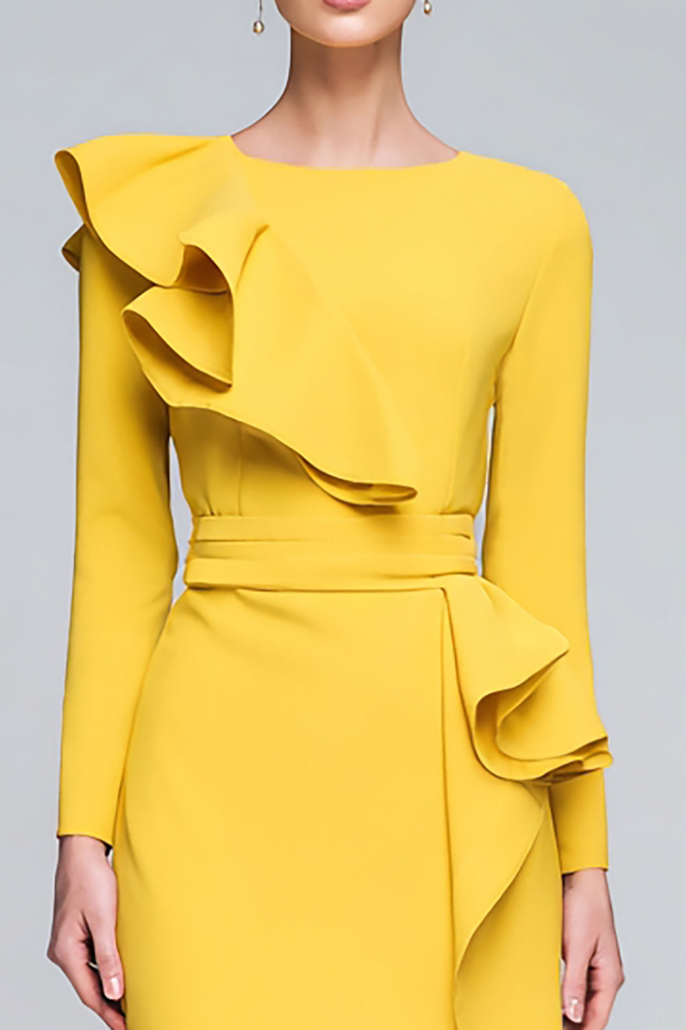 Yellow Sheath Ruffle Midi Work Dress With Long Sleeves